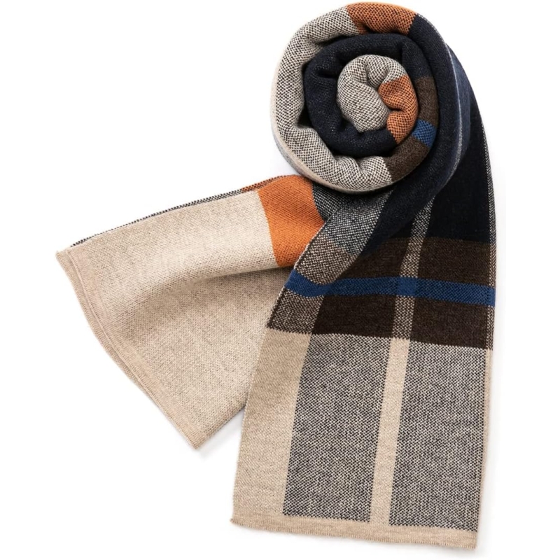 Villand Australian Merino Wool Tartan Knitted Scarf for Men, Plaid Winter Warm Thick Soft Neckwear with Gift Box